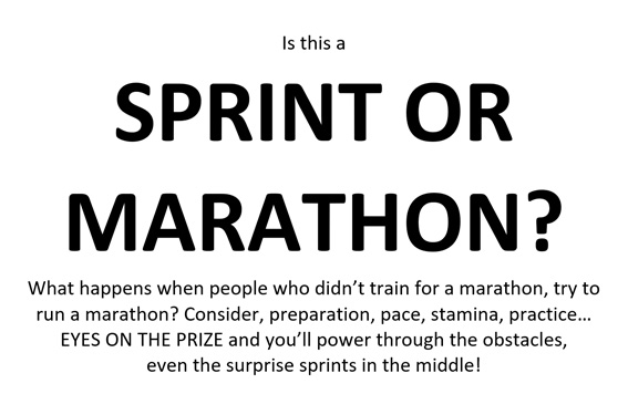 Sign that was stuck to the wall during the workshop. It reads: Is this a SPRINT OR MARATHON? What happens when people who didn’t train for a marathon, try to run a marathon? Consider, preparation, pace, stamina, practice… EYES ON THE PRIZE and you’ll power through the obstacles, even the surprise sprints in the middle!