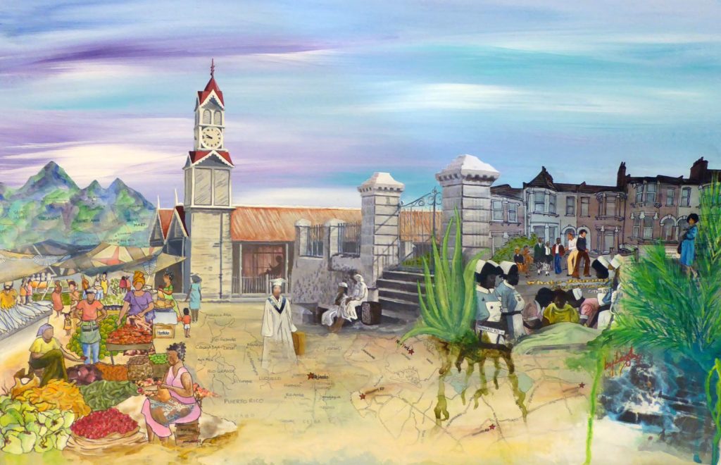 a mixed media painting set in St Andrews Market Jamaica circa 1930s with the clock tower prominently standing out against a blue sky with hints of purple. In the background the Blue mountains are made up of a map of the counties in Jamaica and in the foreground, a woman wearing a white graduation cloak walks away from the stalls and produce of the market towards a large aloe plant, some nurses, and a street of terraced London houses. The ground she walks upon is a collaged map of all the places she has lived in her 80 years of life.