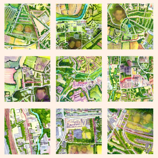 9 mini paintings of maps of places a man has lived in 40 years
