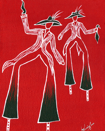 Line drawing of Trinidad and Tobago moko jumbies (costumed stilt walkers) in Trinidad and Tobago national colours
