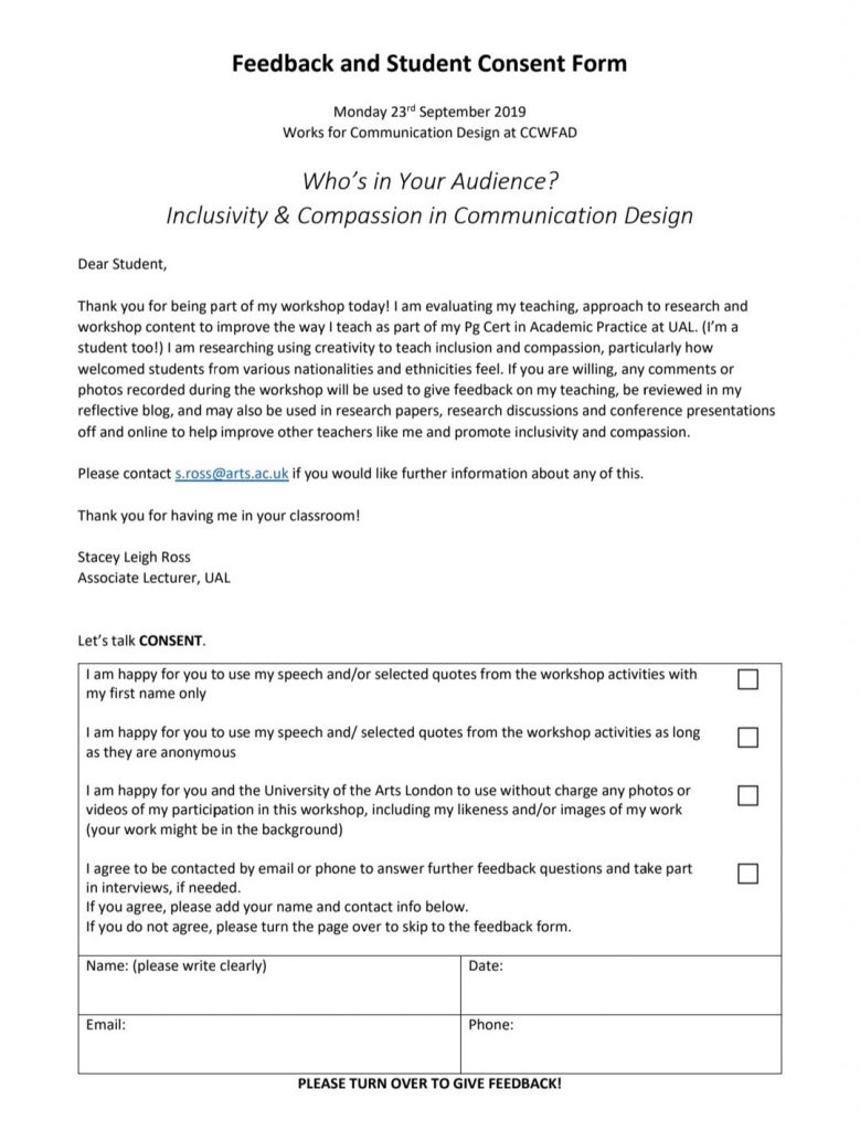 Feedback Form for Inclusivity & Compassion in Communication Design Workshop, Pg 1 which is about consent and what the questionnaire will lead to