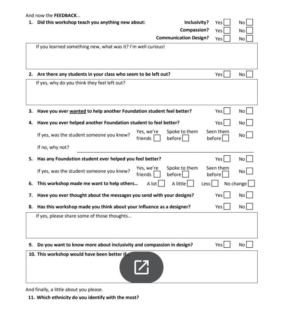 Feedback Form for Inclusivity & Compassion in Communication Design Workshop, Pg 2 which is about gather actual feedback on their reactions to the workshop and pre-workshop on the topics of compassion and inclusivity