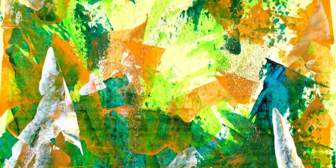 Abstract in shades of green with orange, lemon and white accents