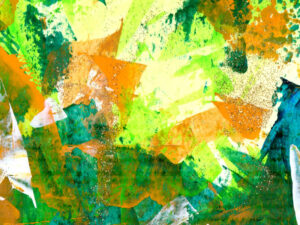 Abstract in shades of green with orange, lemon and white accents