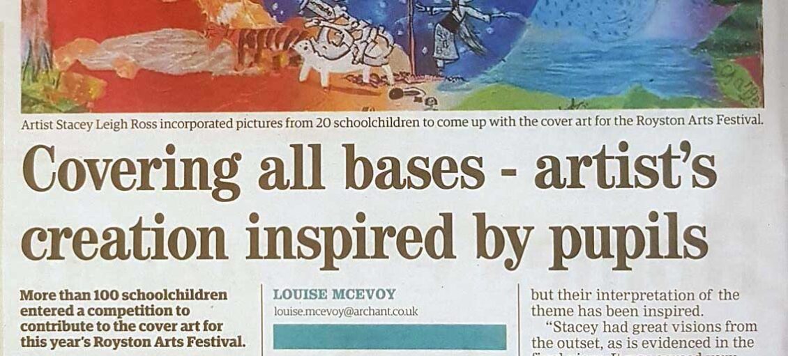 Headline for Royston Crow article about how Stacey Leigh Ross incorporates the artwork of 20 children into the Royston Arts Festival Programme Cover