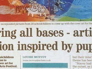 Headline for Royston Crow article about how Stacey Leigh Ross incorporates the artwork of 20 children into the Royston Arts Festival Programme Cover