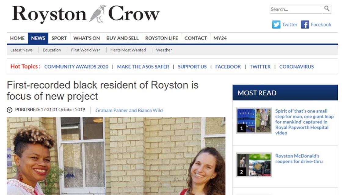 Headline for Royston Crow's article about the Roger Britten project which research Roysto's first recorded Black Man. By Leigh was commission to do Roger's Life Story Art