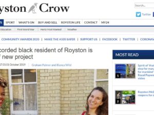 Headline for Royston Crow's article about the Roger Britten project which research Roysto's first recorded Black Man. By Leigh was commission to do Roger's Life Story Art