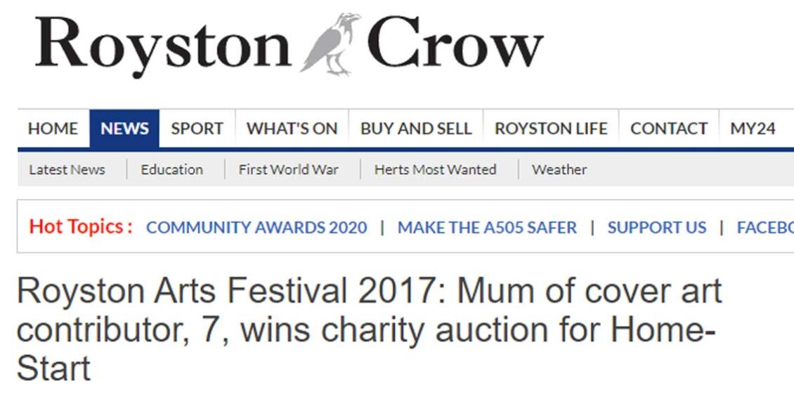 Headline for Royston article about auction winners of By Leigh's mixed media art for Royston Arts Festival programme cover