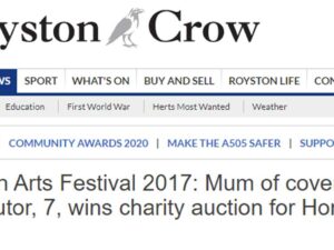 Headline for Royston article about auction winners of By Leigh's mixed media art for Royston Arts Festival programme cover