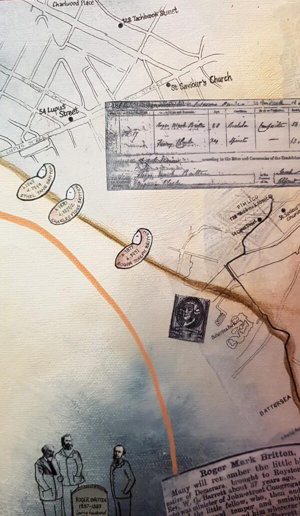 Roger and Fanny had 3 children though they lost their first child. This close up of the painting shows images representing the births and deaths in the family, including Roger's