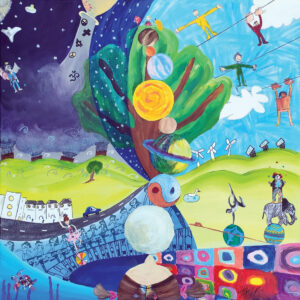 Mixed media painting combining 20 children’s interpretation of the theme – A Question of Balance. Children’s contributions include: circus acts, athletes, designer neighbourhoods, a stack of planets, weighing up heart and head, various religions and more.