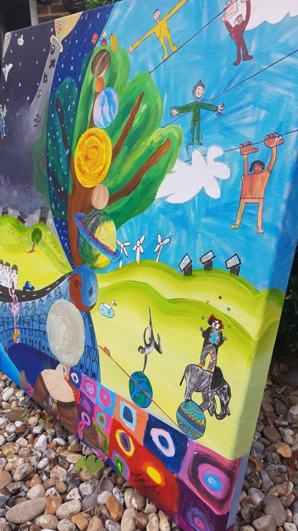 Side view of Mixed media painting combining 20 children’s interpretation of the theme – A Question of Balance. Children’s contributions include: circus acts, athletes, designer neighbourhoods, a stack of planets, weighing up heart and head, various religions and more.