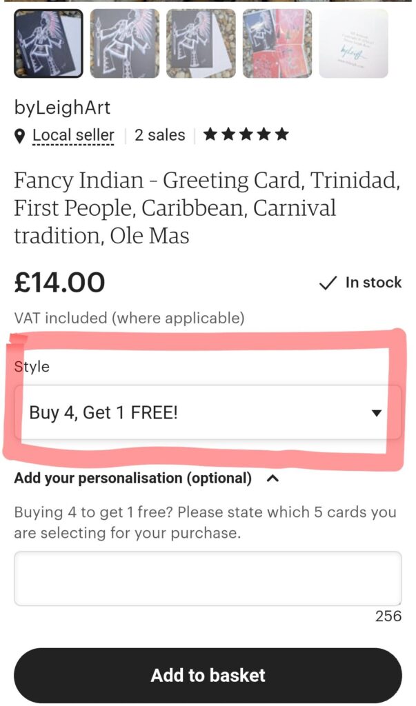 screenshot of ETSY shop showing where to click to seize the Buy 4, get 1 deal