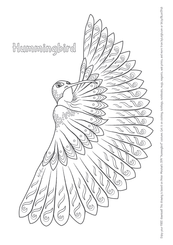 black and white colouring in image of a girl in a hummingbird costume
