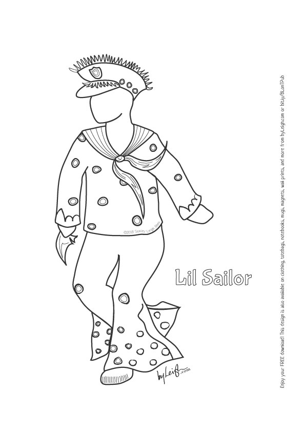 black and white line drawing of a child in a sailor mas costume with giant bell bottom trousers and a decorated captains hat