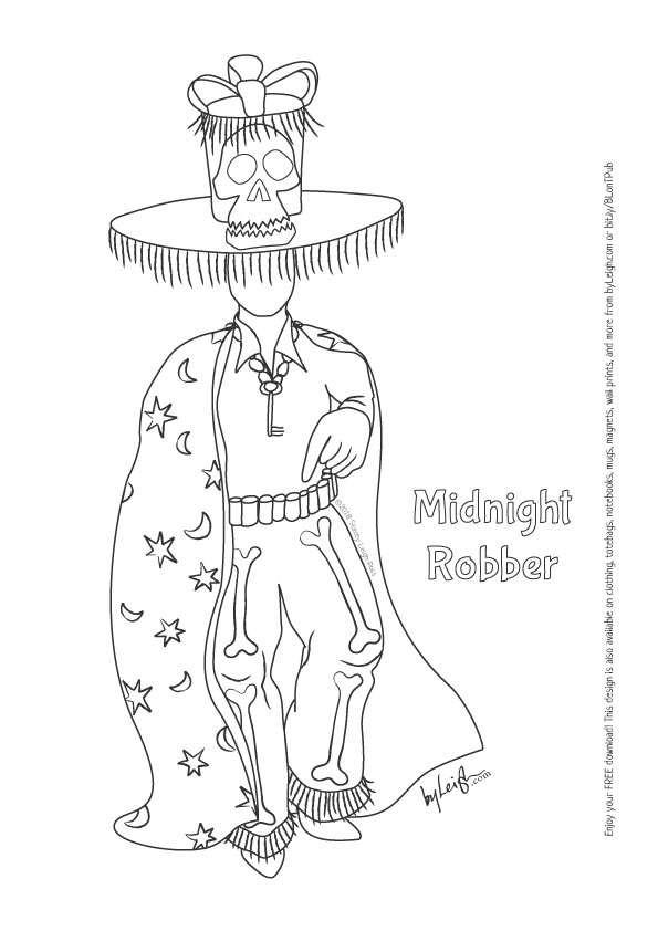 black and white line drawing of the Midnight Robber traditional Carnival Costume. He wears a giant skull top hat with a fringe and cape with moons and stars all over it.