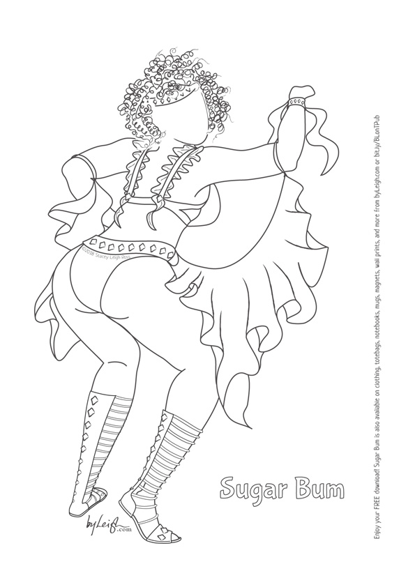 black and white line drawing of a curvy voluptuous woman with curly hair in gladiator sandals and a skimpy carnival costume with lots of frills