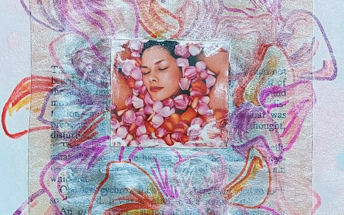 Cropped version of sketchbook collage, ink & sharpies piece showing lots of soft coloured flower petals around the image of a woman's face which is buried among flower petals in a bath