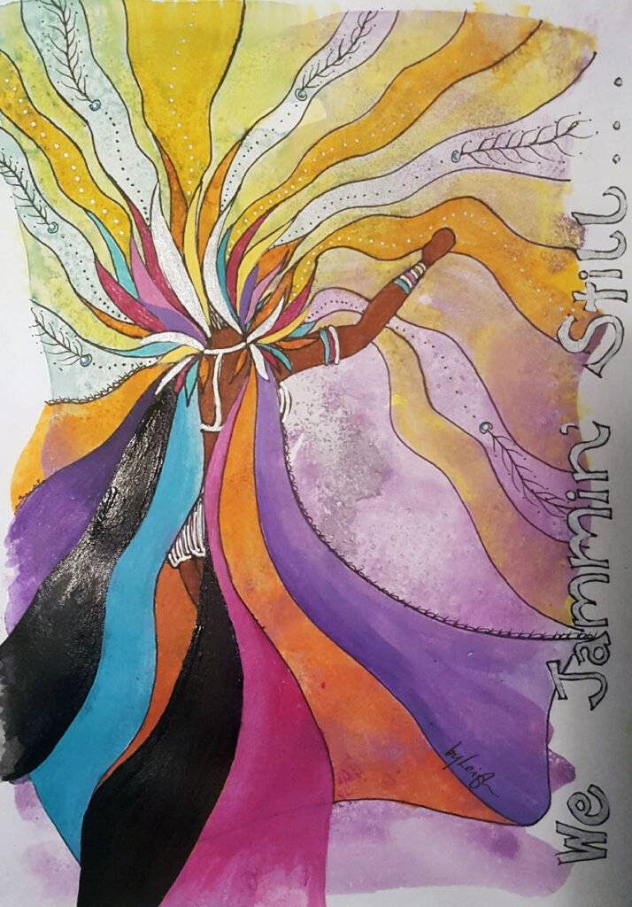 Sketchbook art showing masquerader in mutlicoloured striped cape dancing away from us. He headpiece blends in with the rays of the sun