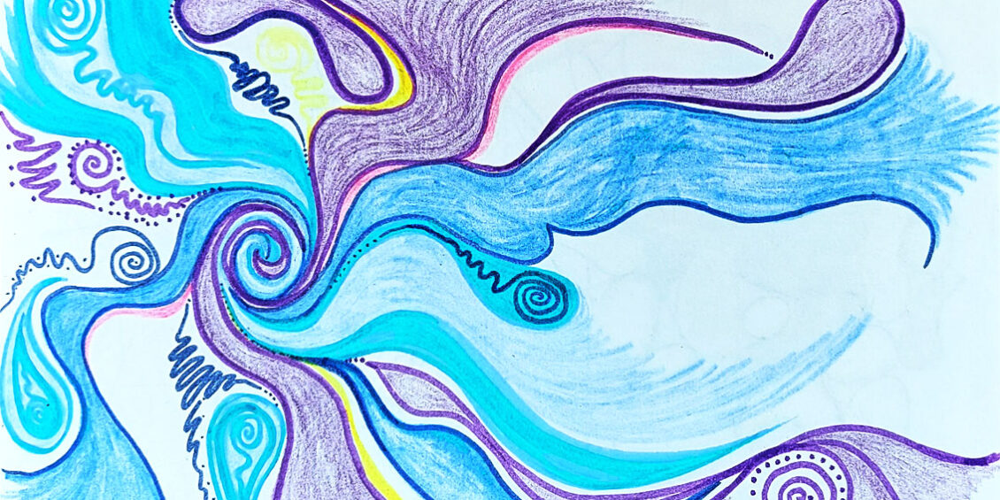 Blue and purlple swirling lines with flourescent yellow and pink highlights