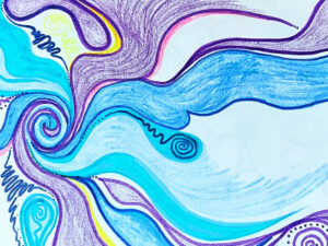 Blue and purlple swirling lines with flourescent yellow and pink highlights