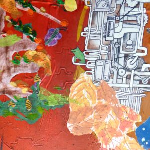 Close up of this Mixed media painting moving through the four seasons and showing artwork from 20 children around the theme 'Changes'. Shown here are close ups of a tree in various seasons and the pipes, valves and cogs of a steampunk engine.
