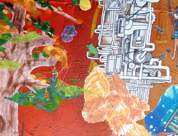 Close up of this Mixed media painting moving through the four seasons and showing artwork from 20 children around the theme 'Changes'. Shown here are close ups of a tree in various seasons and the pipes, valves and cogs of a steampunk engine.