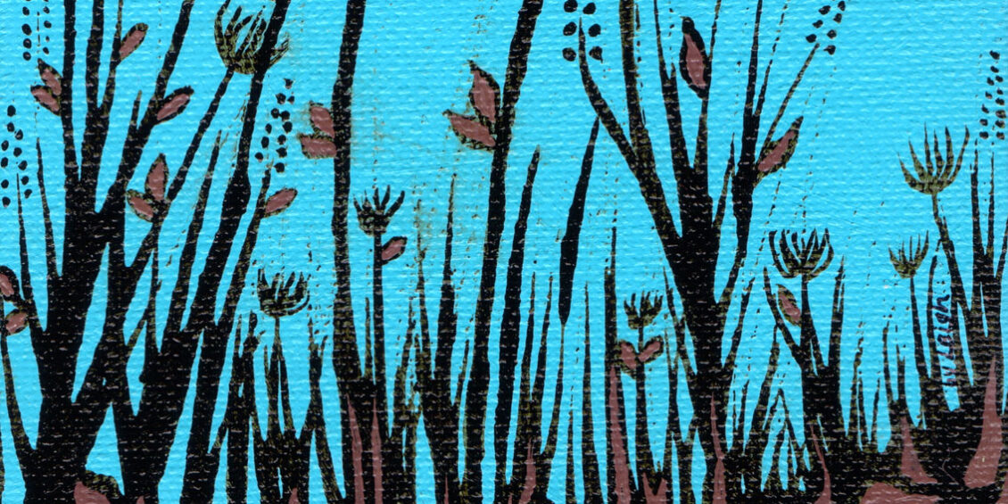 silhouette of tall grass stalks with brown accents against a bright blue background