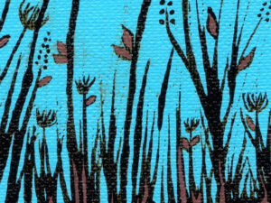 silhouette of tall grass stalks with brown accents against a bright blue background