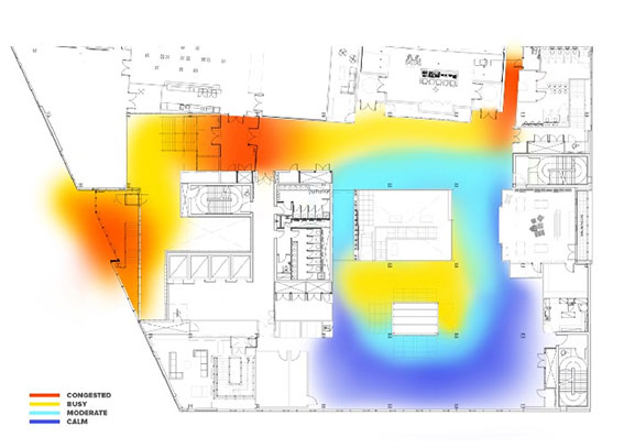 floorplan of exhibit showing cool and warm colours in hallways to show congestion