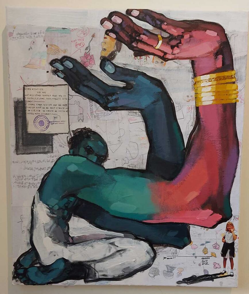 Mixed-media collage showing person on their knees with oversized arms and hands - one green, one red - seeming to hold up whatever you imagine is above them.