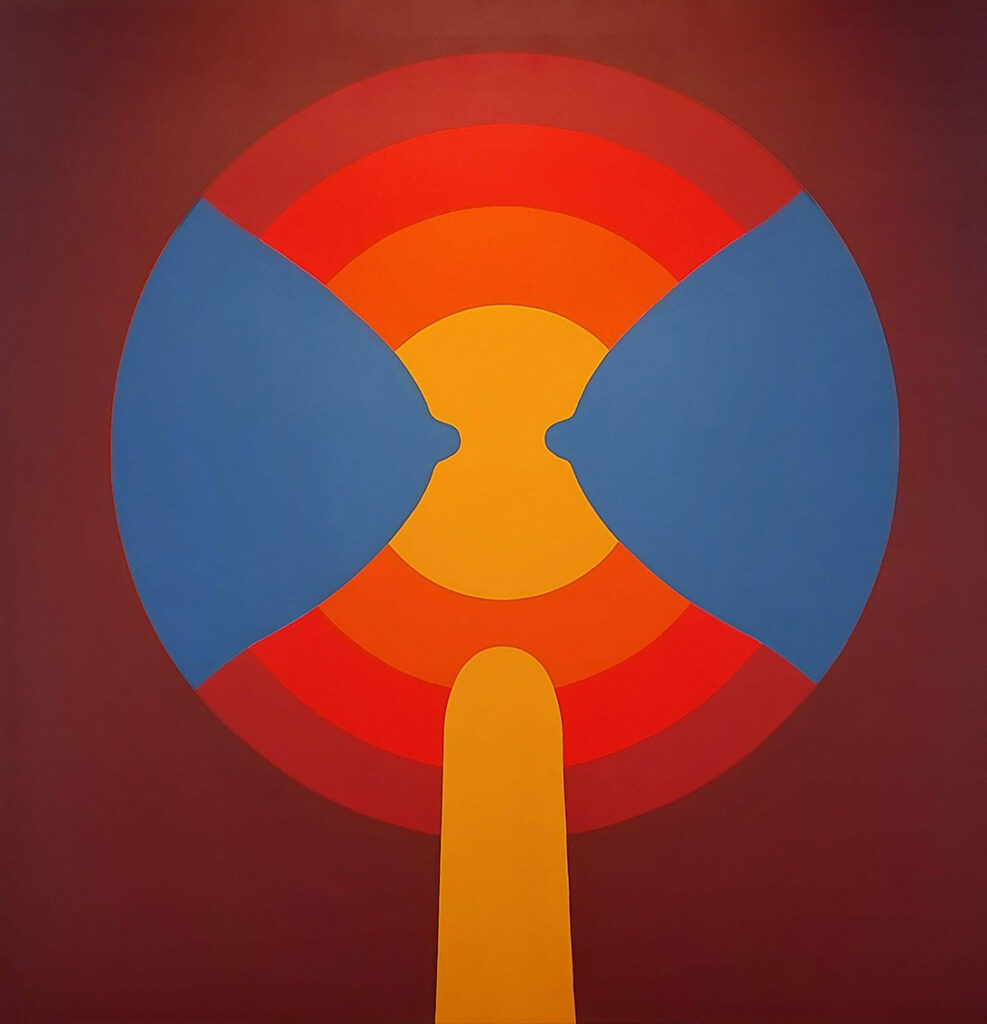 Against a burgundy background, a cream phallic shape rises from the centre base of the painting intruding on 4 ever widening concentric circles which get warmer in colour from yellow to deep red. Also intruding on these circles are 2 blue breasts, each coming from opposite sides of the painting so that the nipples face each other.