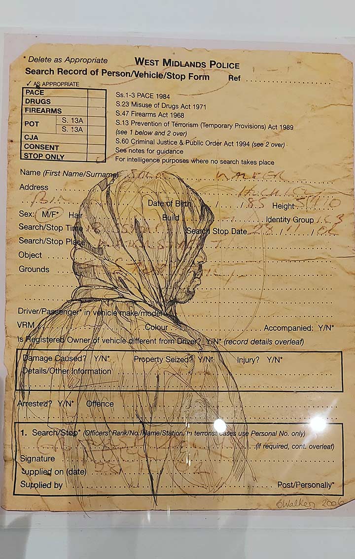 the artist sketches her son on a photocopy of the police forms he receives every time he is stopped and searched. This is sketch 1, form1