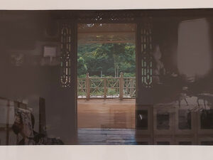 a sepia-toned image of a Caribbean colonial front room with the double doors open. Through the doors is view of highly polished wooden veranda with a view of a lush rainforest