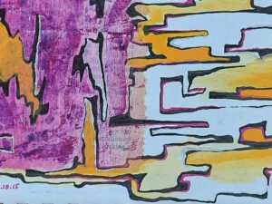 abstract fuscia pink and mango yellow piece that graduates in stages on one side and runs perpendicular on the other.