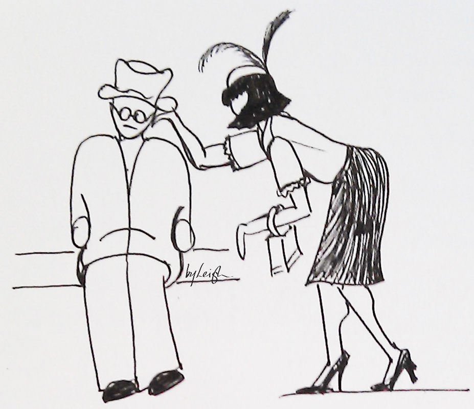 well dressed lady with feather in her hat bending to pat the ear of a sad looking man in an ill-fitting suit sitting on a bench