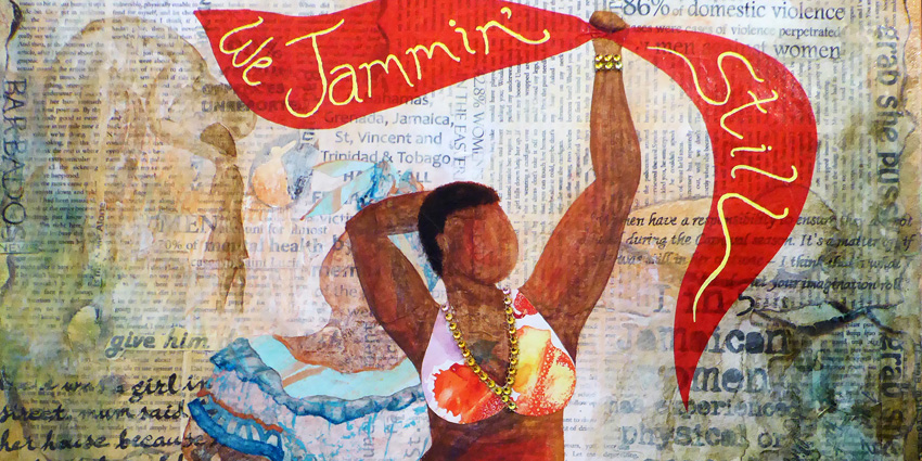 voluptuous dark skinned woman in a beaded bikini in vibrant colours waving a red banner that reads " we jammin still". She appears over a ghostlike woman in blue colonial Caribbean full skirts and blousy top with a headtie.