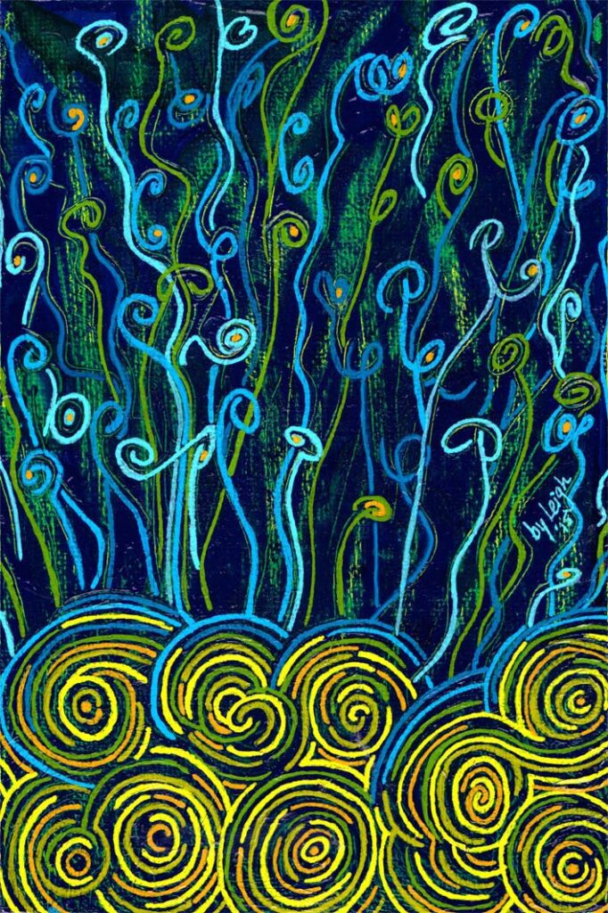 turquoise, green and pale blue wiggly lines emerge from orange and yellow swirls against a dark blue background